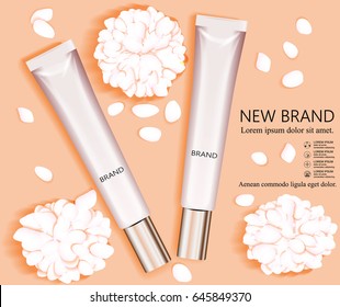 Template and cosmetic design. Two empty bottles on the background of flower petals. Vector illustration.