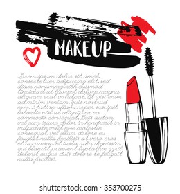 Template cosmetic and makeup card. Hand drawn illustration. Lipstick and mascara. Calligraphy. Ink. Lettering. Sketch. Inscription. Brushstroke with rough edges.