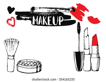 Template cosmetic and makeup card. Hand drawn illustration. Lipstick, blush and mascara. Calligraphy. Ink. Lettering. Sketch. Inscription. Brushstroke with rough edges.