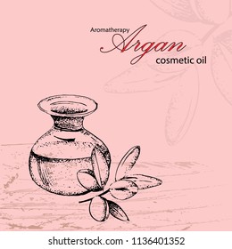 template for cosmetic oil of argan on the pink background. SPA concept