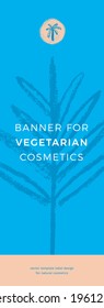 Diseño de etiquetas cosméticas de plantilla. Ilustración de hojas de palma para productos veganos, empaque de maquillaje orgánico, banner tropical vertical para cosméticos naturales hechos a mano con emblema dibujado a mano redondo vector.