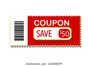 Cupón de plantilla AHORRAR 50%. Plantilla de elemento Cupón de regalo, diseño gráfico. Compras, marketing, comida y bebida, negocios. Código de promoción de cupón. Ilustración vectorial.