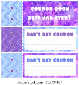 A template of the coupons book for father's day. Cover and two pages in different colors.