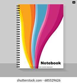 Template cover A4 notebook with bright design: orange, blue and pink stripes. Vector illustration.