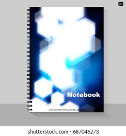 Template cover A4 notebook with bright design: hexagon bokeh. Vector illustration.
