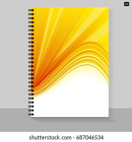 Template cover A4 notebook with bright design: yellow rays. Vector illustration.