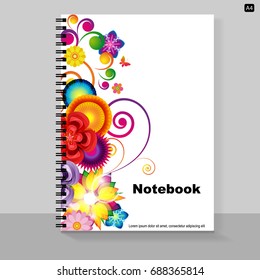 Cubierta de plantilla portátil A4 con un diseño floral brillante. Ilustración vectorial.