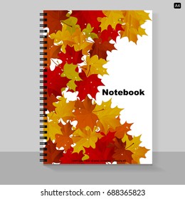 Template cover A4 notebook with bright maple leaves design. Vector illustration.