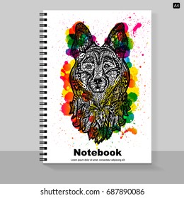 Template cover A4 notebook with Dog head, face sheepdog, grunge animal graphic symbol 2018, isolated vector illustration.
