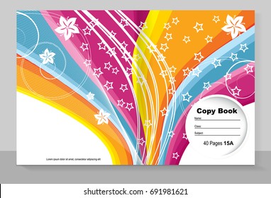 Template cover of a copybook with an individual design: stars, striped pattern. Vector illustration.