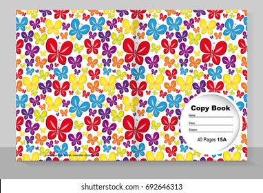 Cubierta de plantilla de un cuaderno de copias con un diseño individual: patrón colorido de mariposas. Ilustración vectorial.
