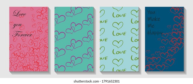 Template cover of a copybook with an trendy design: colorful hearts pattern. Romantic party invitation. Valentin`s Day card with hearts