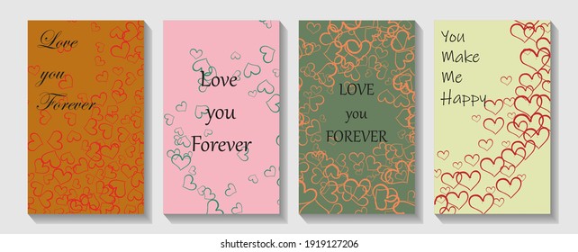 Template cover of a copybook with an trendy design: colorful hearts pattern. Modern cover design. Valentin`s Day card with hearts