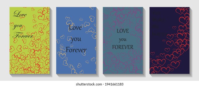 Template cover of a copybook with an trendy design: colorful hearts pattern. Modern cover design. Valentin`s Day card with hearts