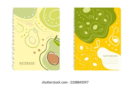 Cubierta de plantilla de un cuaderno con un diseño moderno: colorido patrón de aguacate. Diseño moderno de la cubierta. Plantilla de folleto del club