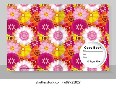 Template cover of a copybook with an trendy design: flowers pattern. Vector illustration.