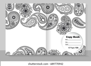 Template cover of a copybook with an trendy design: Paisley pattern. Vector illustration.