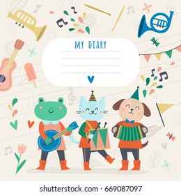 Template for cover with a nice animals musician. Children's illustration, Cute animals.