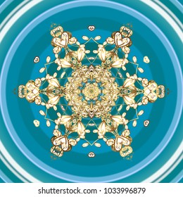 Template for cover, poster, t-shirt or fabric. Vector winter illustration in colors. Hand drawn abstract golden snowflakes.