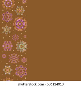 Template for cover, poster, t-shirt or fabric. Vector vertical winter illustration in brown colors with copy space (place for your text). Hand drawn abstract snowflakes seamless.