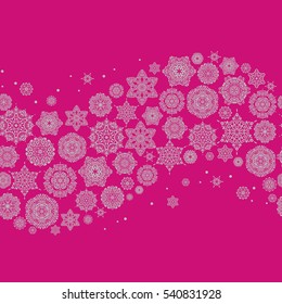 Template for cover, poster, t-shirt or fabric. Vector winter illustration in magenta colors. Hand drawn abstract snowflakes seamless.
