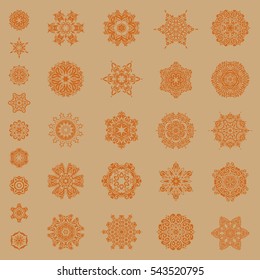 Template for cover, poster, t-shirt or fabric. Vector winter illustration on a beige background. Hand drawn abstract snowflakes set.