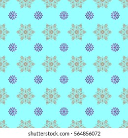 Template for cover, poster, t-shirt or fabric. Vector winter illustration in blue colors. Hand drawn abstract snowflakes seamless.