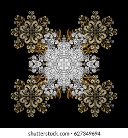 Template for cover, poster, t-shirt or fabric. Vector winter illustration in black colors with golden elements. Hand drawn abstract snowflakes seamless.