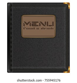 Template of the cover of the restaurant menu leather notebook with an insert of the menu food and drink, isolated object.