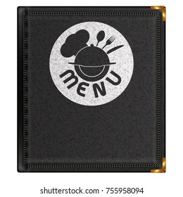 Template of the cover of the restaurant menu leather notepad with a stamp menu of food and booze, isolated object.