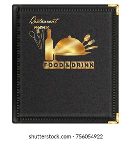 Template of the cover of the restaurant menu leather notebook with a gold medal menu food and drink, isolated object.