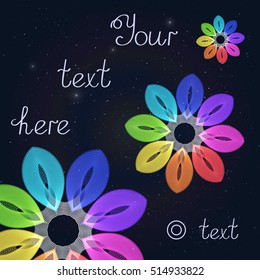 Template for Cover Stylized Rainbow Flovers on Starry Sky. Circular Patterned Ornament.