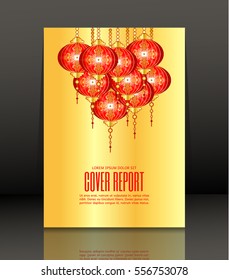 Template Covers for books. Chinese New Year Golden background with red lanterns. Vector. 
