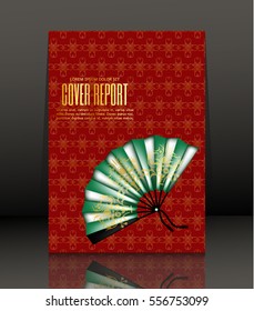 Template Covers for books. Chinese New Year red background with a green fan. Vector. 