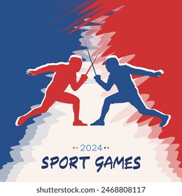 Template of covers or posters with hand drawn silhouette of two fencers engaged in a sword fight against the France flag background, representing Sport Games championship event in Paris