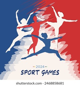 Template of covers or posters with hand drawn silhouette of female gymnasts against the France flag background, representing sport competition event in Paris . Modern card with woman athletes 