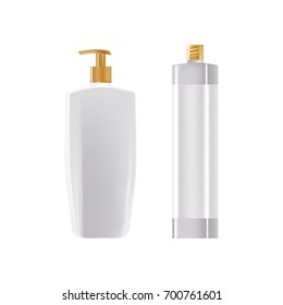 Template of cream in a bottle dispenser, spray in a beautiful bottle. Cosmetic tube mockup design. Cosmetic ads template. Vector illustration isolated on white background.