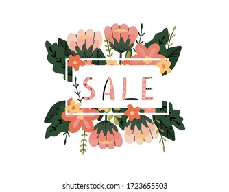 Template for creating a banner, poster, or leaflet with leaves, twigs, and flowers. Horizontal border, hand-drawn lettering of the word sale, vector illustration.