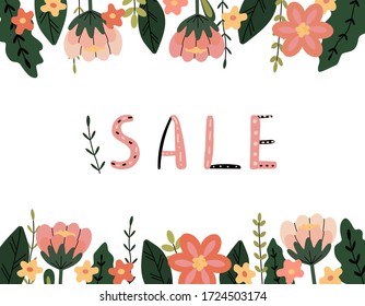 Template for creating a banner, poster, or leaflet with leaves, twigs, and flowers. Horizontal border, hand-drawn lettering of the word sale, vector illustration.