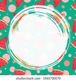 Template for creating a design, frame, banner, advertising. Slices of juicy watermelons on a green background. Vector illustration with elements of brush strokes of gold color.