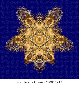 Template for creating logo, icon, symbol, emblem, monogram frame. Illustration gold pattern on a blue background. Linear trend style. Vector design element. Concept unusual abstract luxury decor.