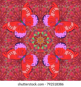 Template for creating logo, icon, symbol, emblem, insectgram frame. Butterflies. Vector design element. Illustration colored pattern on a red, pink and magenta colors. Concept abstract luxury decor.