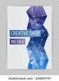 Template creative design for flyer with white polygonal grid, bright figure, polygonal backdrop. Proportionally: A4 