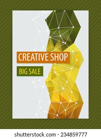 Template creative design for flyer with white polygonal grid, bright figure, polygonal backdrop. Proportionally: A4 