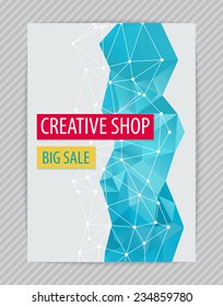 Template creative design for flyer with white polygonal grid, bright figure, polygonal backdrop. Proportionally: A4 