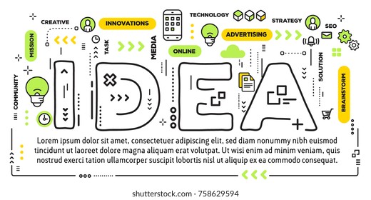 Template of creative idea with text. Vector creative illustration of idea word lettering typography with line icons, tag cloud on white background. Thin line art style design for business idea banner