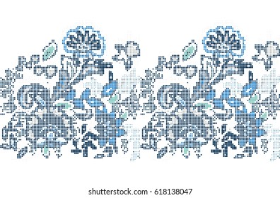 Template for cross stitch blue folk flowers pattern. The vector embroidered flowers