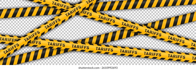 Template of crossed yellow and black warning lines with word TARIFFS, diagonal stripes pattern. Global trade barriers, economic restrictions, border control, isolated on transparent background.