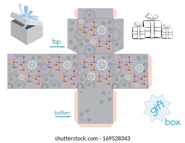 Template for cube gift box in grey colors with abstract flower pattern. Easy for installation - peach-colored parts of template are for glue. In additional - label  and box with bow.  