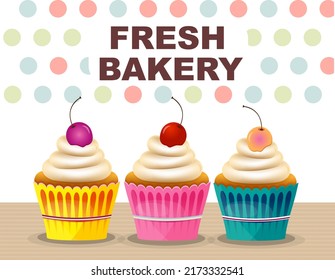Fresh Bakery, Cupcakes Template, Cupcake Bakery, Cupcake Menu Design, Restaurant Banner with illustration of fresh sweet cupcake on stylish background.